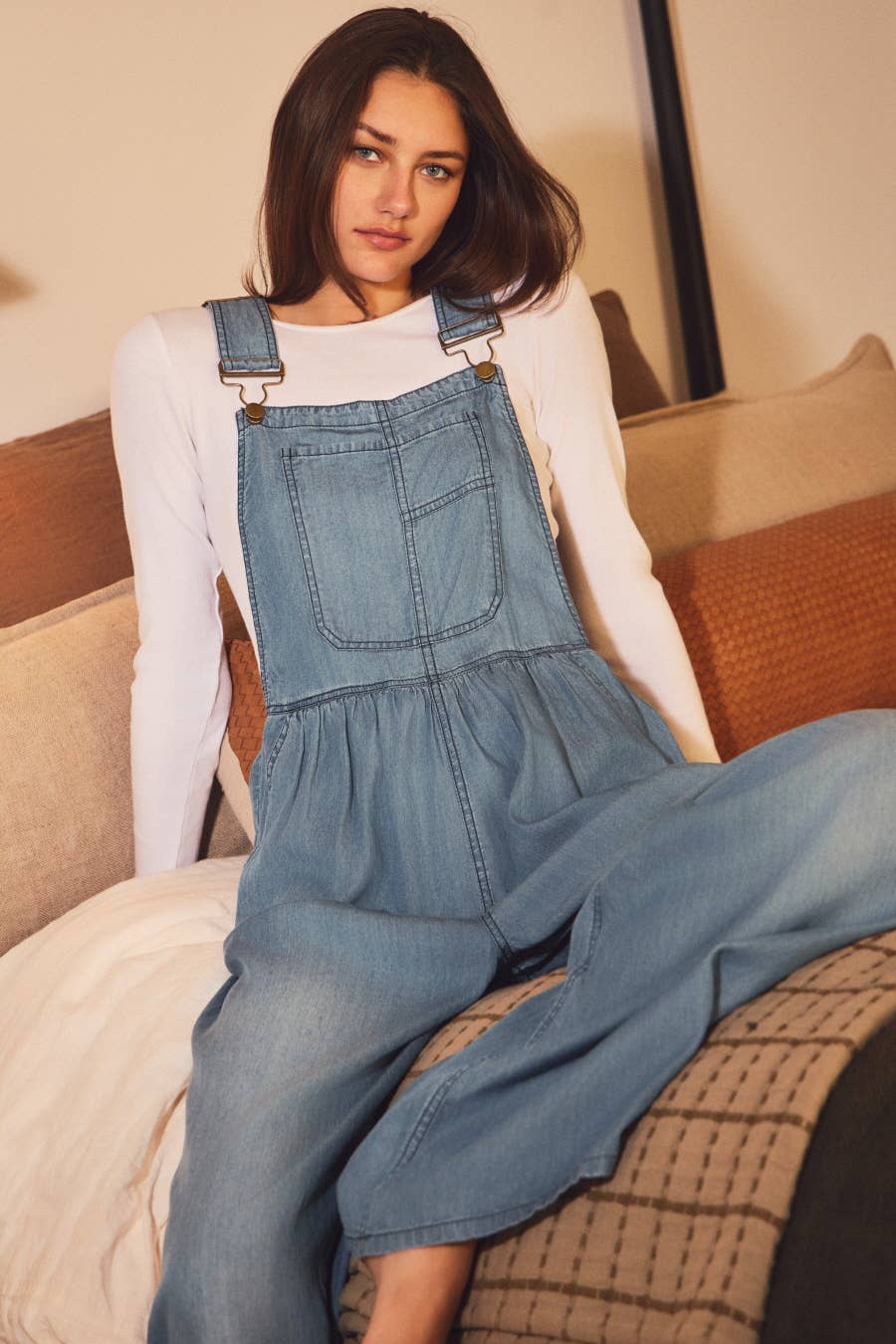 Plus Wide-leg Washed Denim Overall Jumpsuit