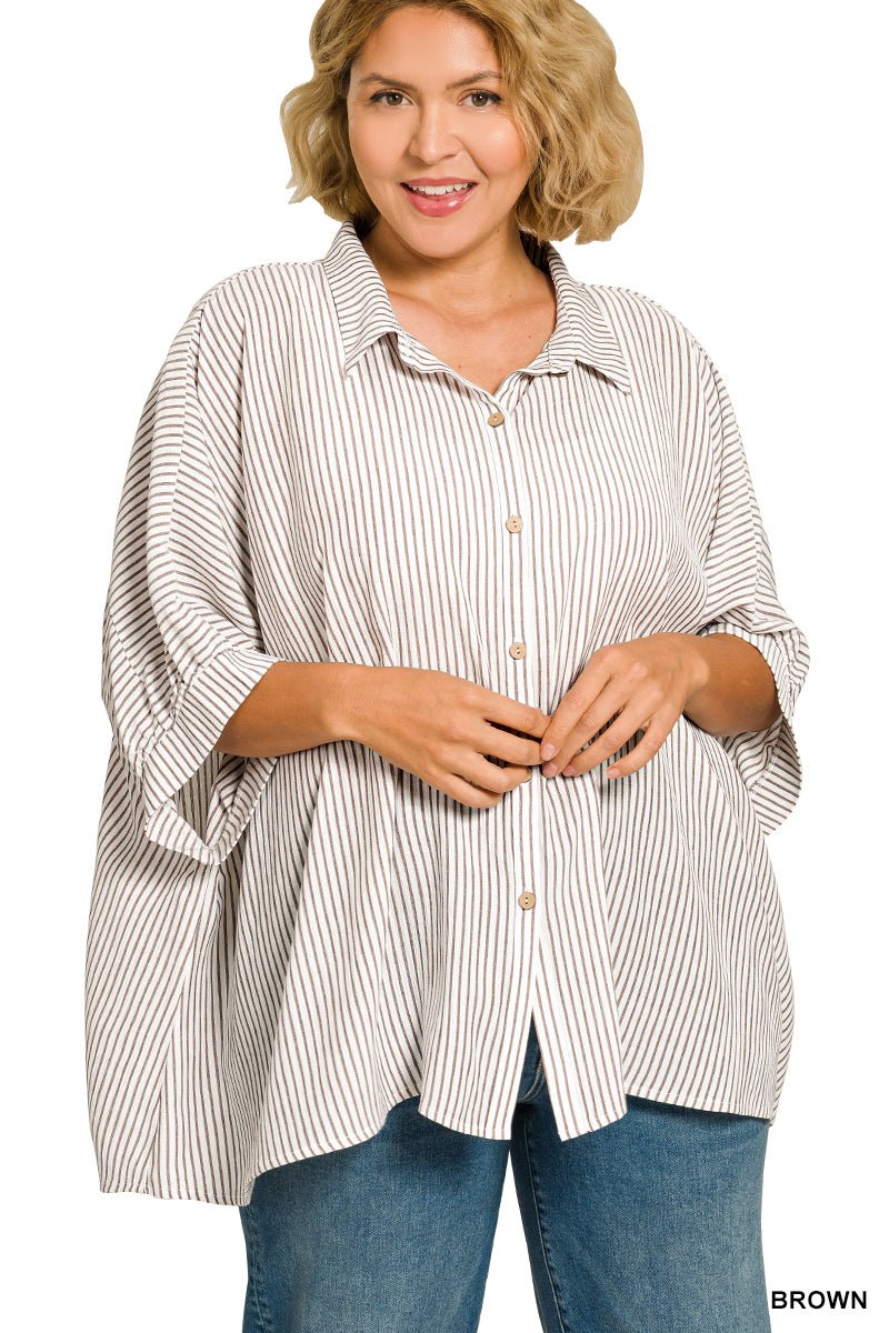 Plus Size Women's Stripe Button Down Boxy Top - Extra