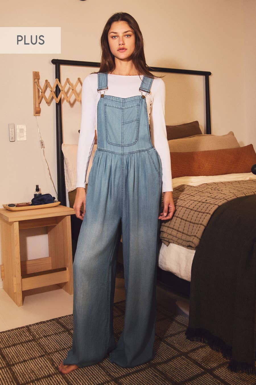 Plus Wide-leg Washed Denim Overall Jumpsuit