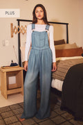 Plus Wide-leg Washed Denim Overall Jumpsuit