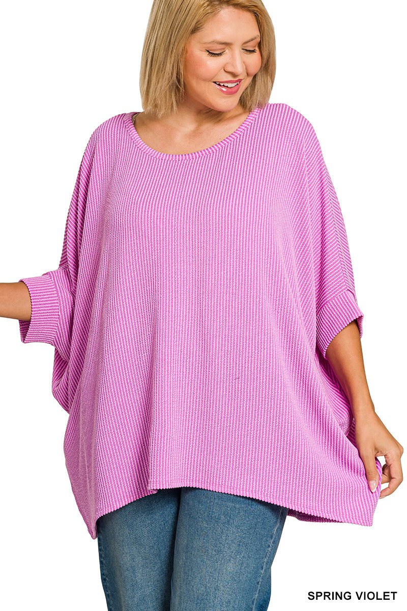 Plus Size Women's Raised Rib Bat Sleeve Top - Extra
