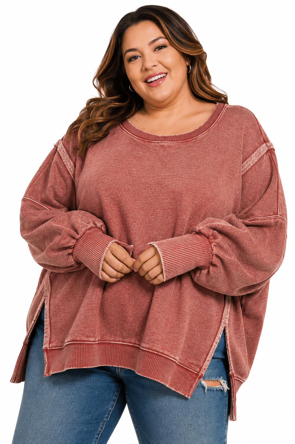 PLUS ZENANA ACID WASHED BATWING SLEEVE HI-LOW FLEECE SWEATSHIRTS - Extra