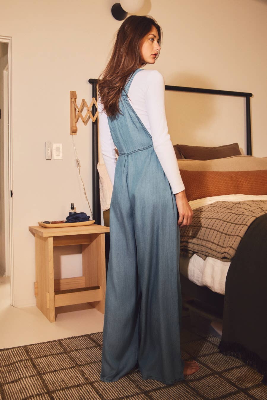 Plus Wide-leg Washed Denim Overall Jumpsuit