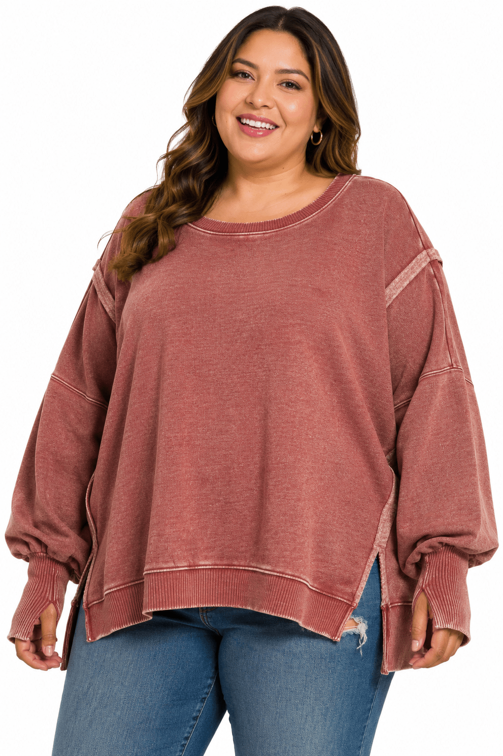 PLUS ZENANA ACID WASHED BATWING SLEEVE HI-LOW FLEECE SWEATSHIRTS - Extra