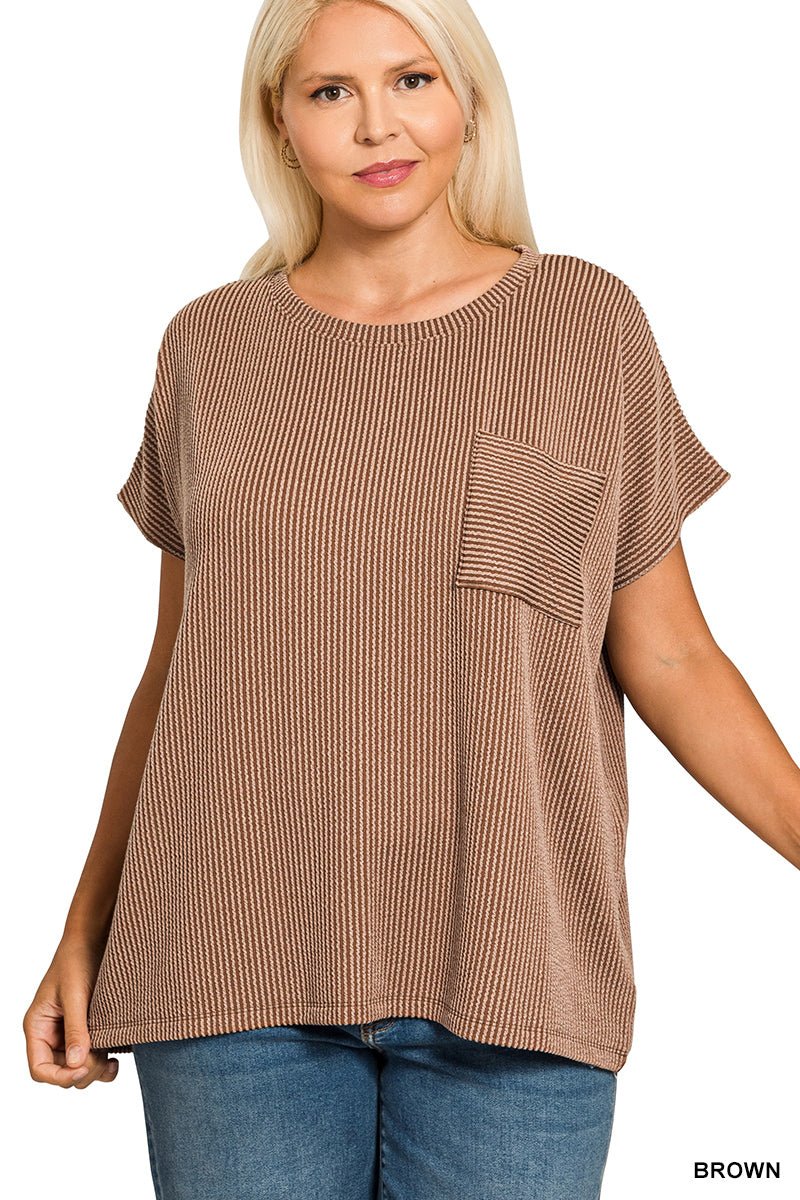 Plus Size Women's Raised Rib Pocket Boxy Top - Extra
