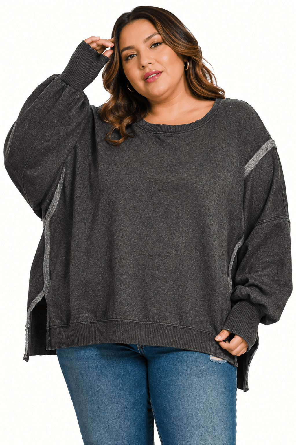PLUS ZENANA ACID WASHED BATWING SLEEVE HI-LOW FLEECE SWEATSHIRTS - Extra