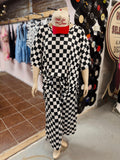 PLUS SIZE RIBBED CHECKERED PRINT TOP/STRAIGHT LEG PANTS SET