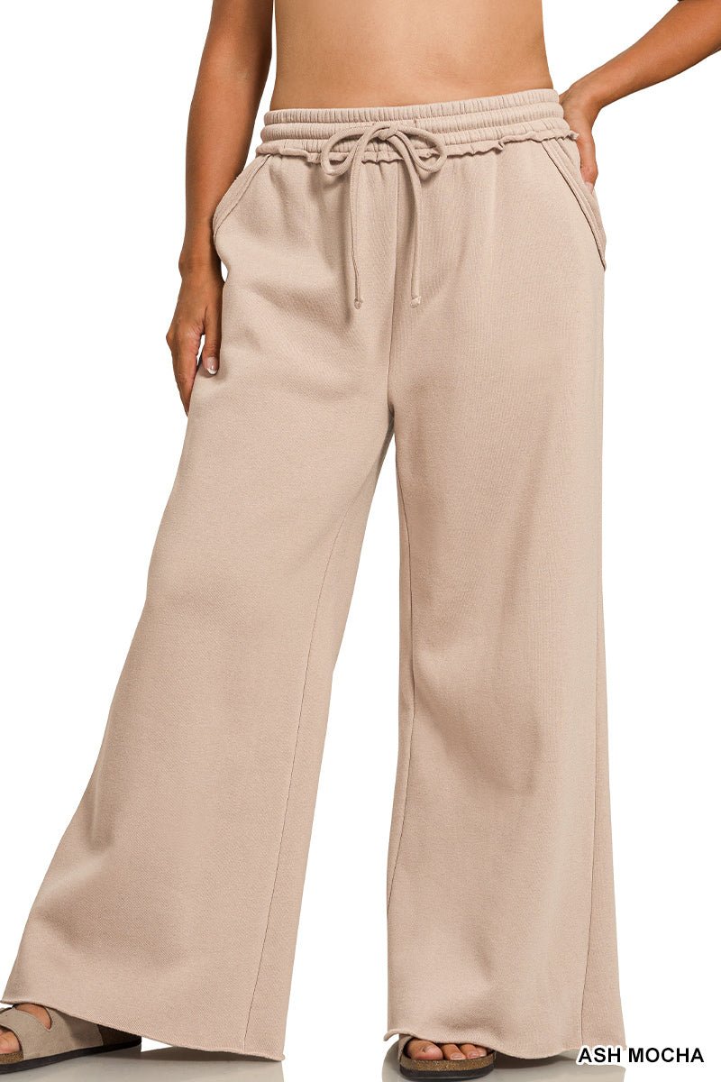 PLUS ZENANA FLEECE EXPOSED SEAM WIDE LEG SWEATPANTS - Extra