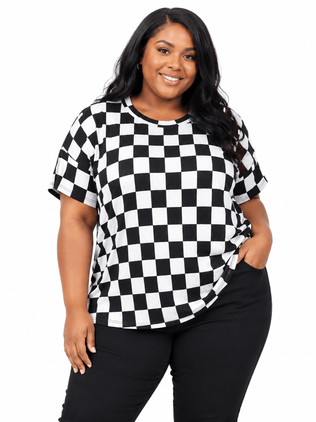 PLUS SIZE RIBBED CHECKERED PRINT TOP - Extra