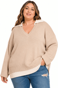 PLUS ZENANA DUAL-LOOK COLLARED V-NECK SWEATER - Extra