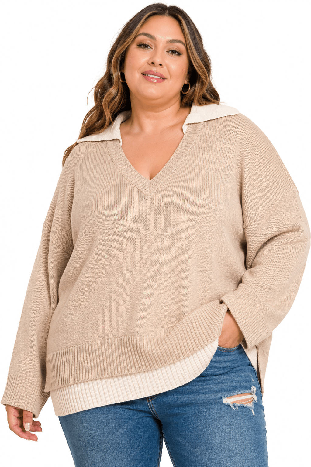 PLUS ZENANA DUAL-LOOK COLLARED V-NECK SWEATER - Extra