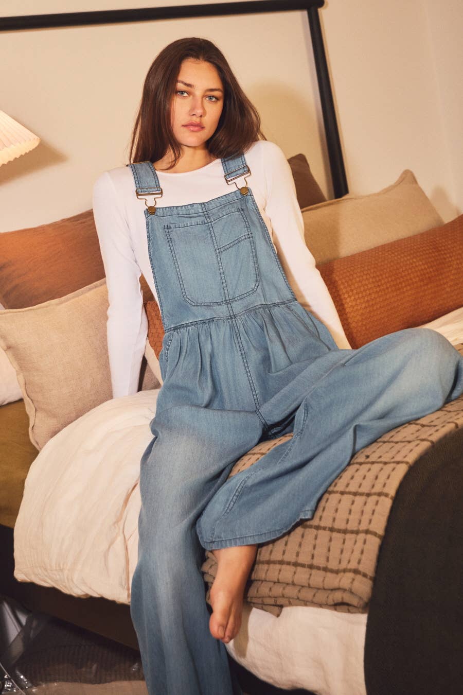 Plus Wide-leg Washed Denim Overall Jumpsuit