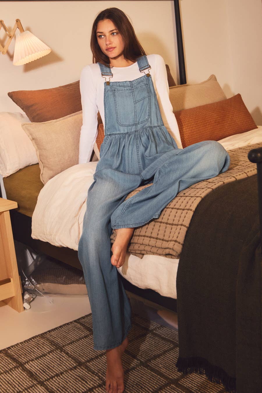 Plus Wide-leg Washed Denim Overall Jumpsuit