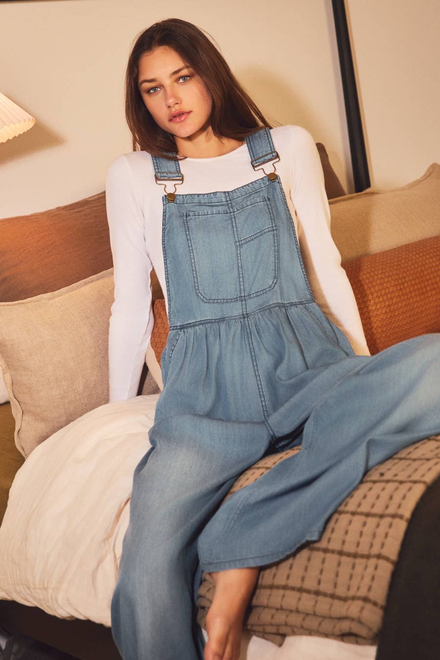 Plus Wide-leg Washed Denim Overall Jumpsuit